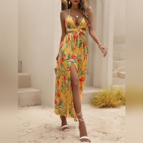 Tropical Print Backless Knot Halter Neck Slit Thigh Dress - Picture 2 of 5